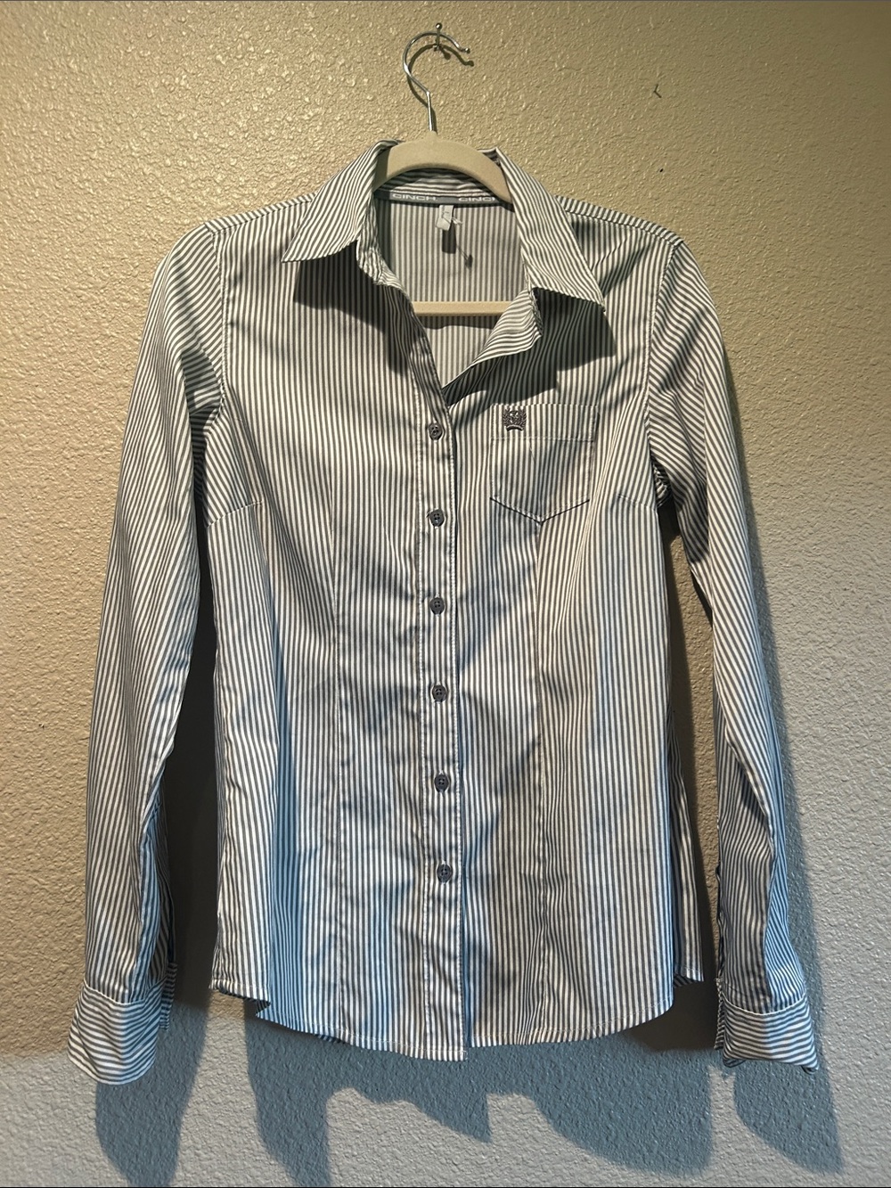 Cinch Women’s White and Navy Blue Striped Button-Down Shirt
